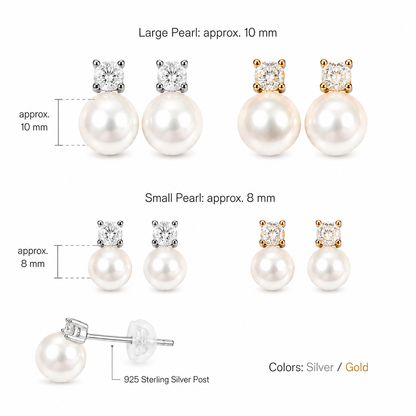 Freshwater Pearl Sparkling Stud Earrings – 8mm / 10mm – S925 Sterling Silver Posts – Gold / Silver