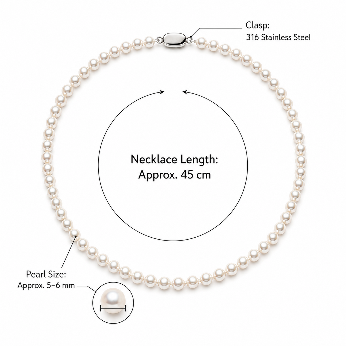 Natural Freshwater Pearl Necklace 5-6mm, Handmade Pearl Strand Necklace with 316 Stainless Steel Clasp, 45cm & 48.5cm Length Options