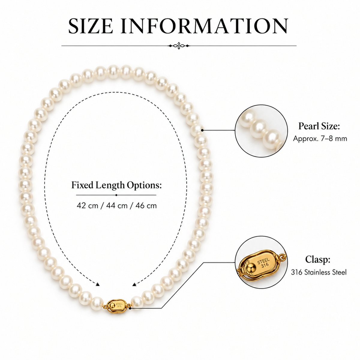 Natural Freshwater Pearl Necklace 7-8mm, Classic Warm White Pearl Choker Necklace with 316 Stainless Steel Clasp, Handmade Jewelry Gift for Women