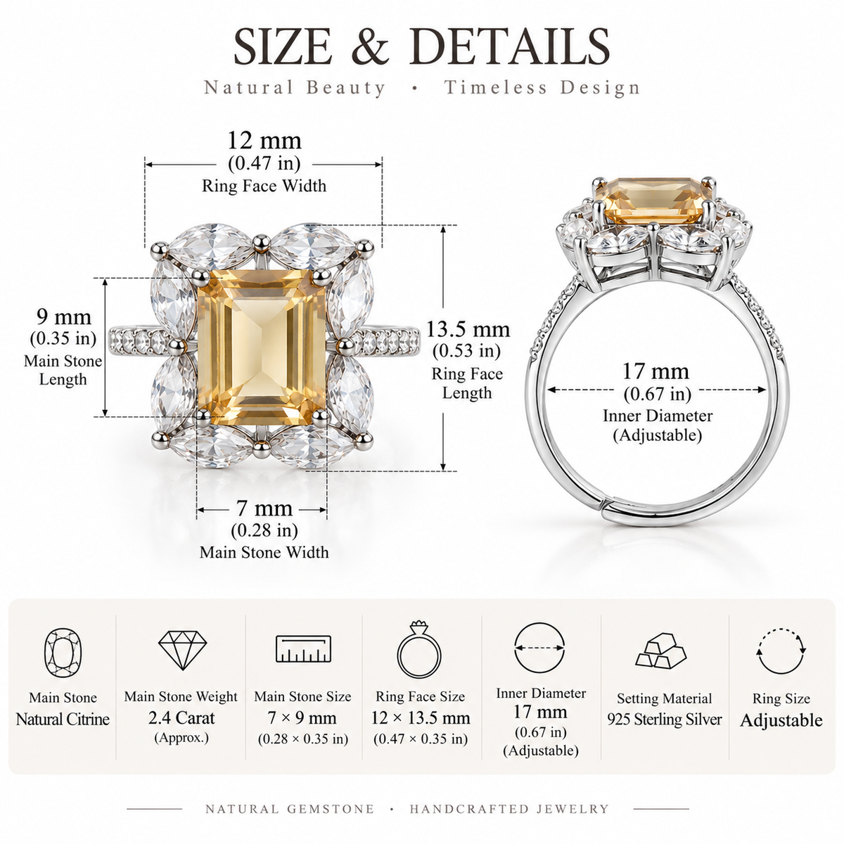 2.4 Carat Natural Citrine Floral Cluster Ring – Emerald-Cut 925 Sterling Silver Adjustable Ring