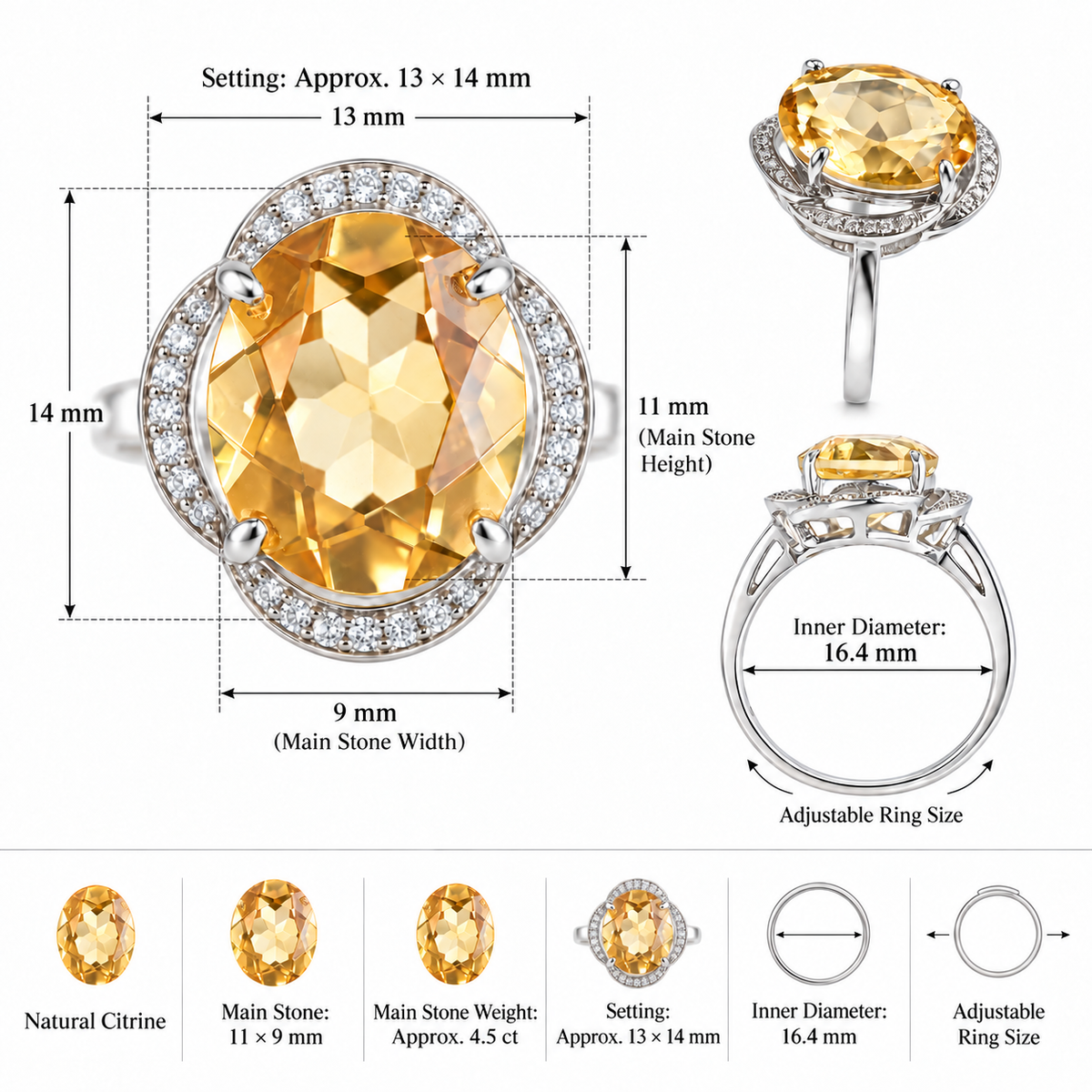 4.5 Ct Natural Citrine Floral Halo Ring – Oval Cut 925 Sterling Silver Adjustable Ring