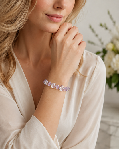 Natural Clear Quartz & Brazilian Amethyst Designer Bracelet – 12mm High-Clarity Quartz with Faceted Amethyst