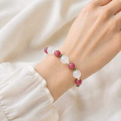 Natural Moonstone, Rhodonite, Nephrite Jade & Freshwater Pearl Bracelet – Handmade Gemstone Gift for Her
