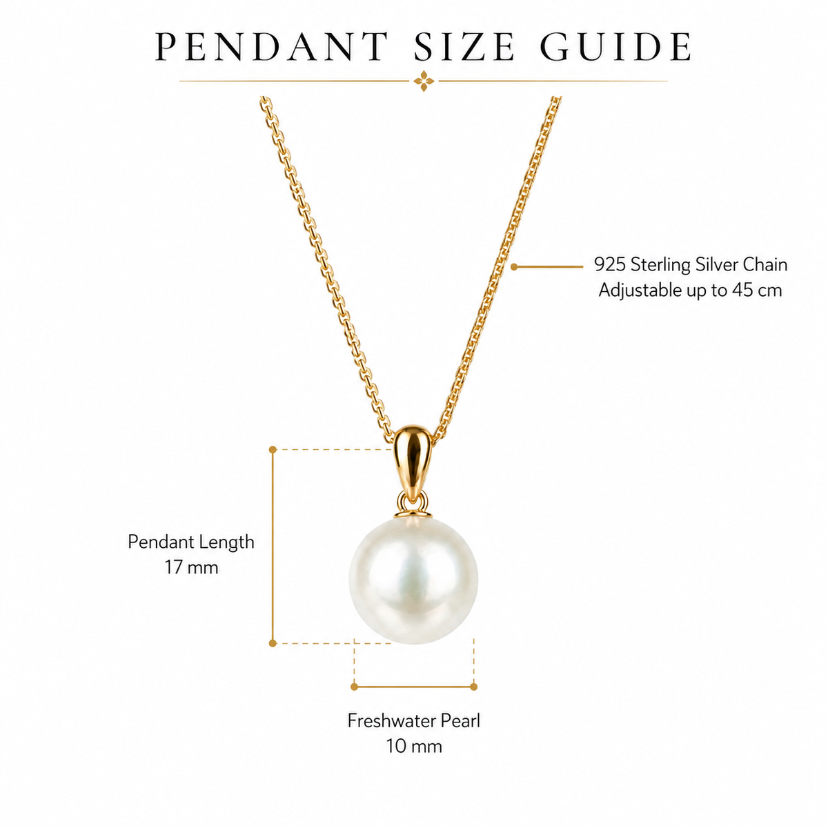 10mm Freshwater Pearl Pendant Necklace with 925 Sterling Silver Gold-Tone Adjustable Chain