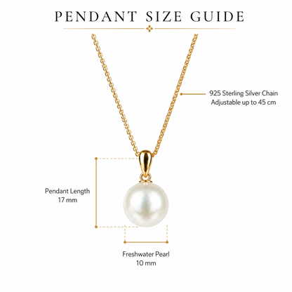 10mm Freshwater Pearl Pendant Necklace with 925 Sterling Silver Gold-Tone Adjustable Chain