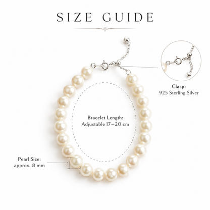 Classic 8mm Freshwater Pearl Bracelet – Adjustable 17–20cm, 925 Sterling Silver Clasp