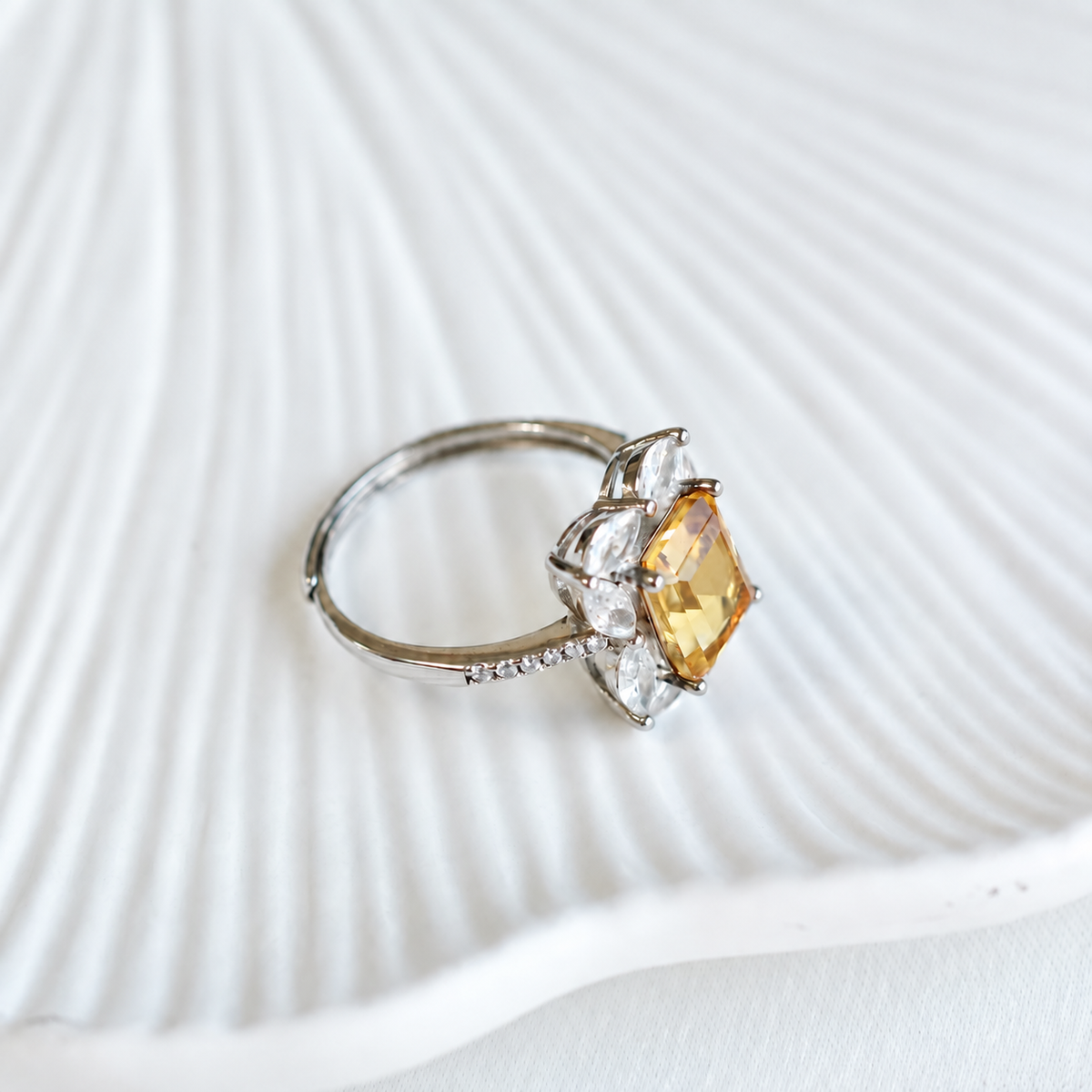 2.4 Carat Natural Citrine Floral Cluster Ring – Emerald-Cut 925 Sterling Silver Adjustable Ring