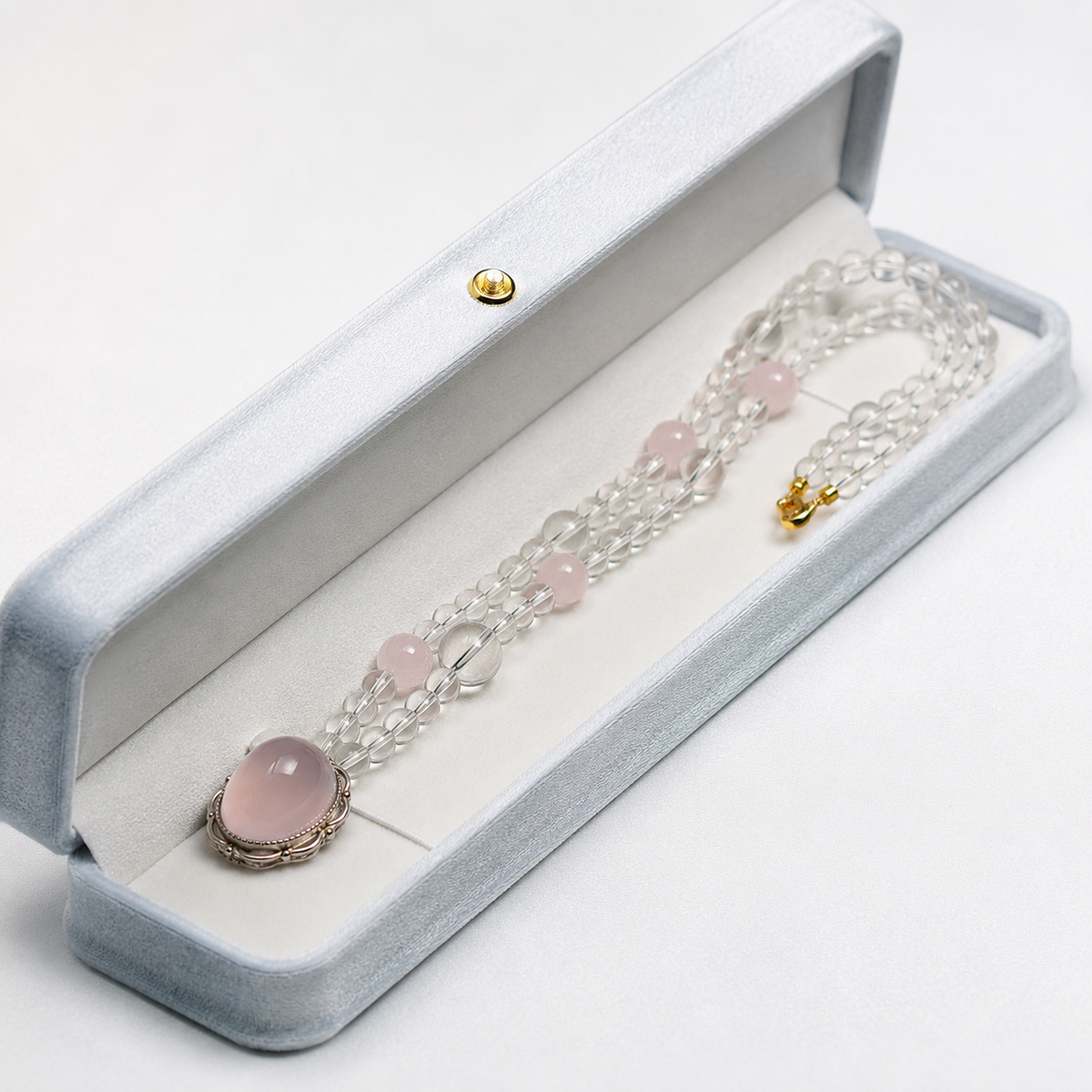 Artisan-Designed Natural Clear Quartz & Rose Quartz Necklace | Handcrafted 925 Sterling Silver Pendant