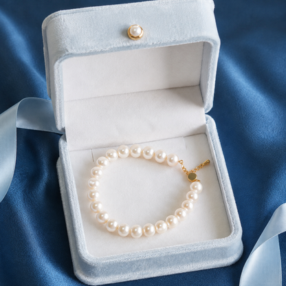 Natural Freshwater Pearl Bracelet 7-8mm Classic Round Pearl Bracelet Adjustable 17-20cm Gold Plated Stainless Steel Clasp Jewelry Gift for Women