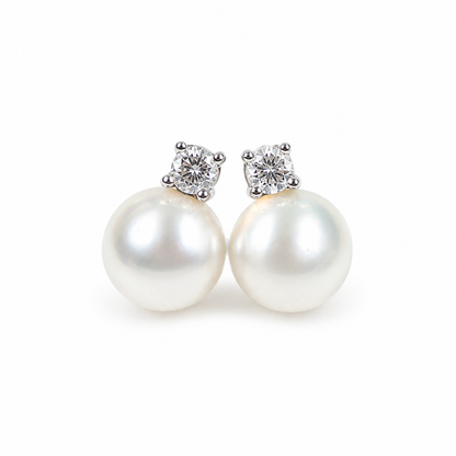 Freshwater Pearl Sparkling Stud Earrings – 8mm / 10mm – S925 Sterling Silver Posts – Gold / Silver