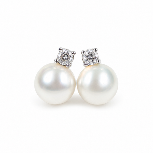 Freshwater Pearl Sparkling Stud Earrings – 8mm / 10mm – S925 Sterling Silver Posts – Gold / Silver