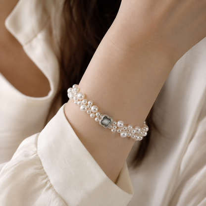 Triple Strand Freshwater Pearl Bracelet, Handmade Layered Pearl Jewelry with 925 Sterling Silver Clasp, Elegant Statement Bracelet Gift for Her