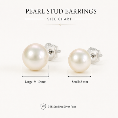 Classic Freshwater Pearl Stud Earrings, Approx. 8mm & 9-10mm, 925 Sterling Silver Post, Elegant Minimalist Jewelry Gift for Women