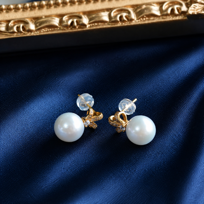 Freshwater Pearl Bow Stud Earrings – Approx. 10mm – Gold-Plated S925 Sterling Silver