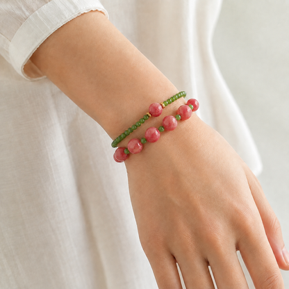 Green Nephrite Jade Bracelet with Natural Rhodonite Accent – Handmade Gemstone Bracelet