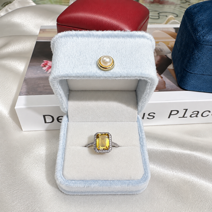 3 Carat Natural Citrine Halo Ring – Emerald-Cut 925 Sterling Silver Adjustable Statement Ring