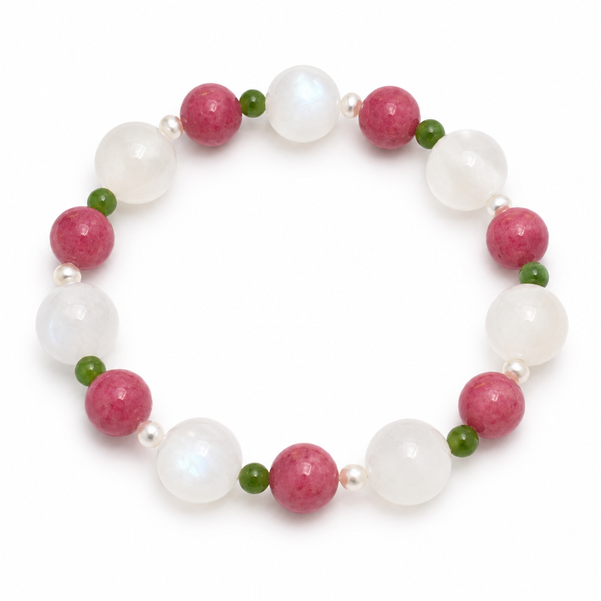 Natural Moonstone, Rhodonite, Nephrite Jade & Freshwater Pearl Bracelet – Handmade Gemstone Gift for Her
