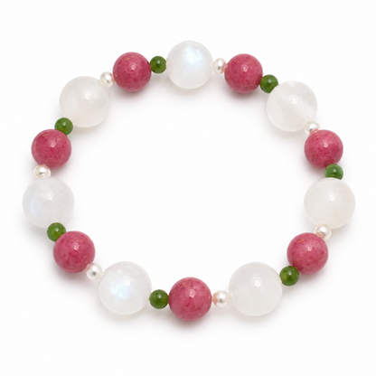 Natural Moonstone, Rhodonite, Nephrite Jade & Freshwater Pearl Bracelet – Handmade Gemstone Gift for Her