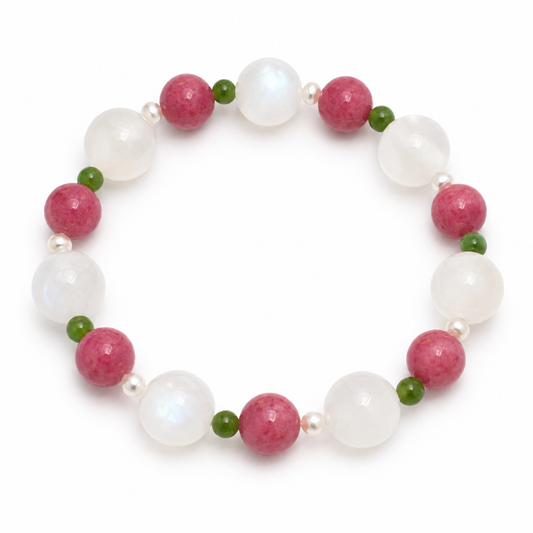 Natural Moonstone, Rhodonite, Nephrite Jade & Freshwater Pearl Bracelet – Handmade Gemstone Gift for Her