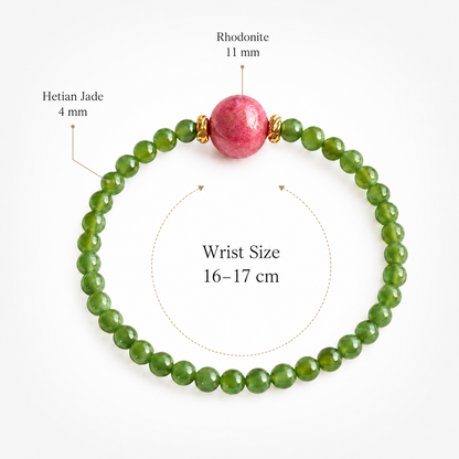 Green Nephrite Jade Bracelet with Natural Rhodonite Accent – Handmade Gemstone Bracelet
