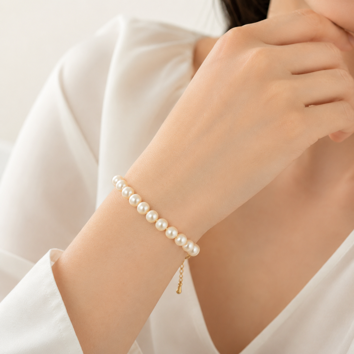 Natural Freshwater Pearl Bracelet 7-8mm Classic Round Pearl Bracelet Adjustable 17-20cm Gold Plated Stainless Steel Clasp Jewelry Gift for Women