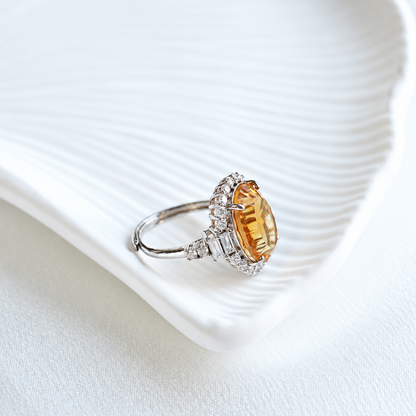 Approx. 10 Carat Brazilian Natural Citrine Oval Halo Statement Ring – 925 Sterling Silver Adjustable Ring