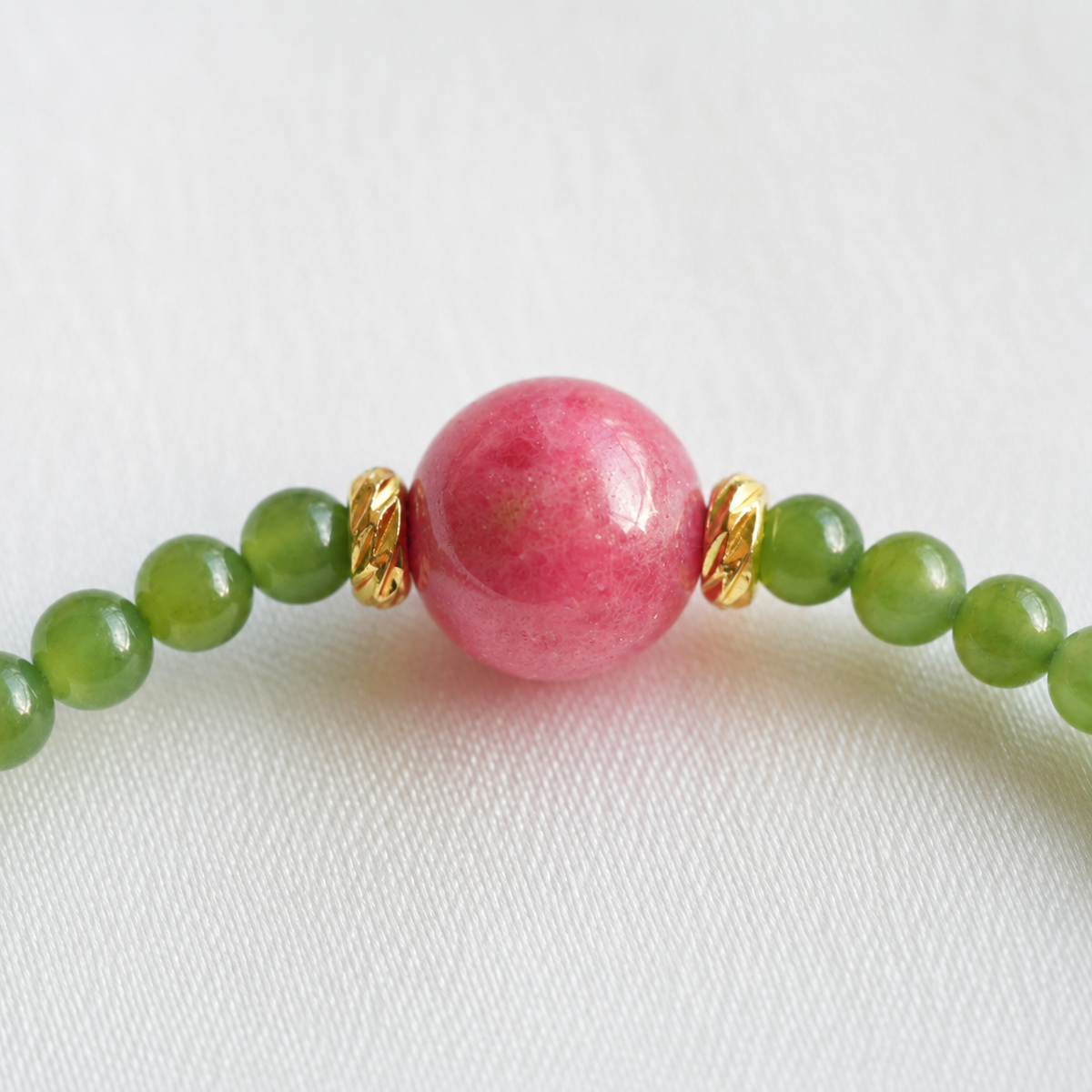 Green Nephrite Jade Bracelet with Natural Rhodonite Accent – Handmade Gemstone Bracelet